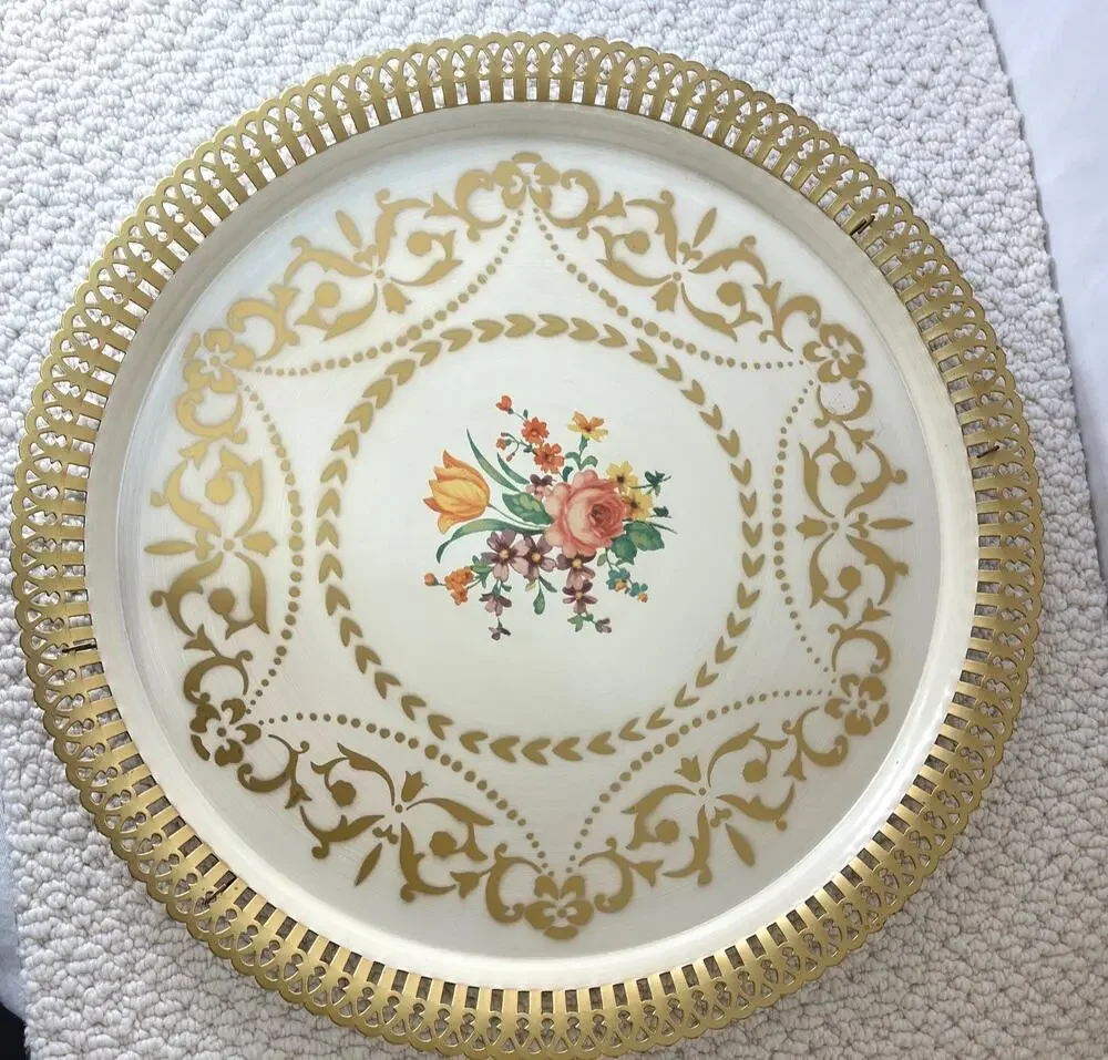 American Art Works Social Supper Tray Round Floral Raised Reticulated Edge 14.5